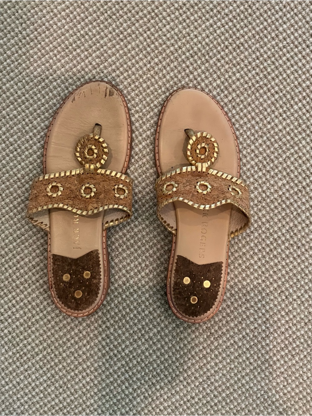 Jack Rogers Tan Cork and Leather Slide Sandals with Gold Accents